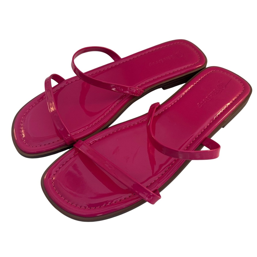 The Drop Women's Pink Patent Avery Square Toe Two-Strap Flat Slide Sandals 9